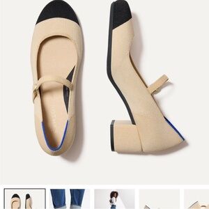 Rothy's Beige Knit Mary Jane with Black Cap Toe and Blue Heel Trim